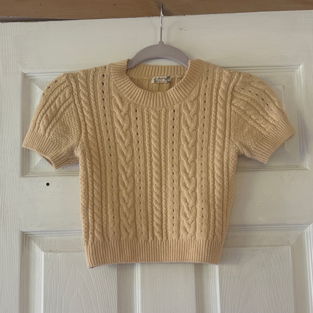 Free People Cable Knit Short Sleeve Sweater - Beige